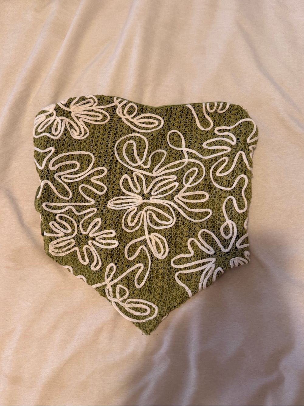 SHEIN Olive Green Crochet Floral Strapless Tube Top with White Embroidery
